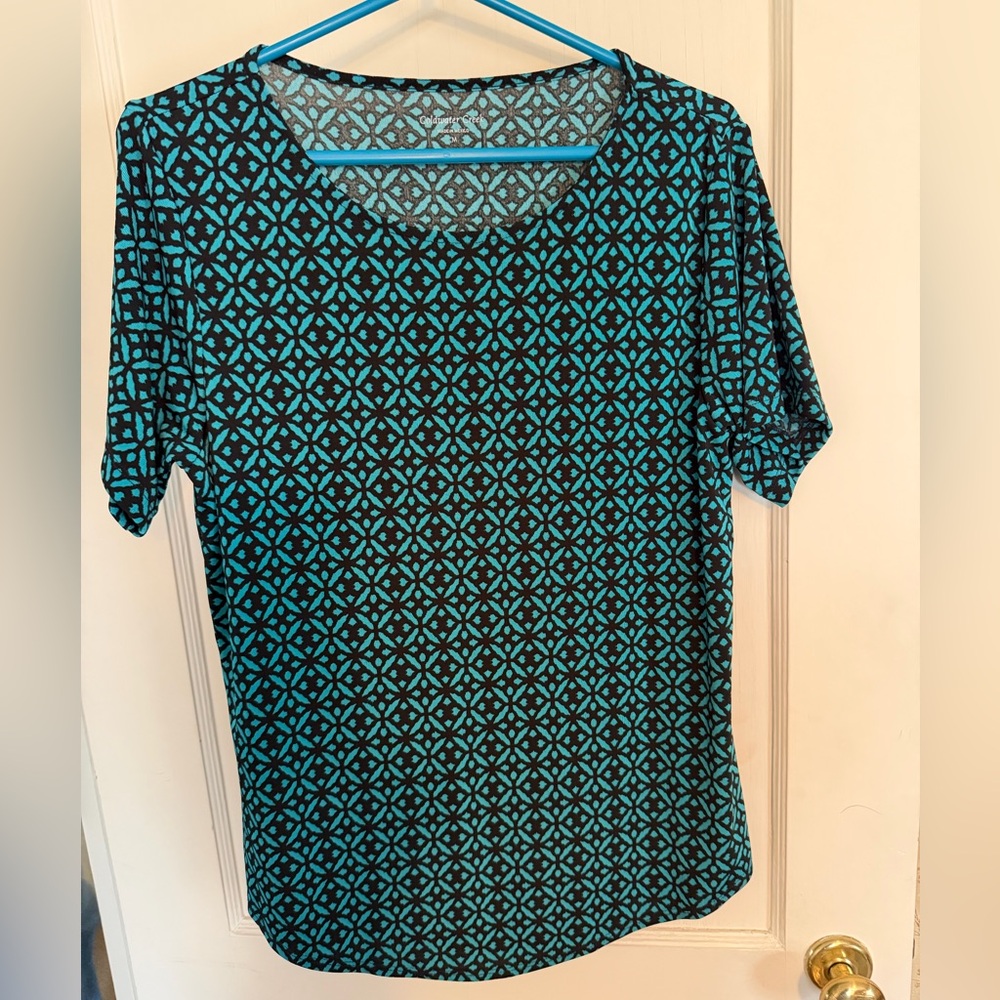 Coldwater Creek Stylish Teal and Black Patterned Women's Top